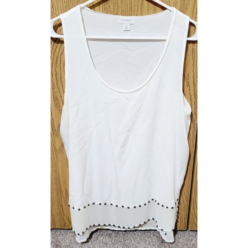 WITCHERY Women's White Silky Sleeveless Blouse With Metal Stud Accent Size 14